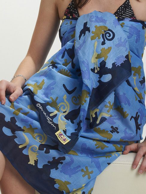 100% cotton sarong or beach wrap. Simple australian animals made into a type of comoflage design. Light weight indian cotton voile great beach coverup