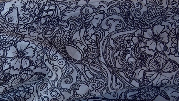 grey and black cotton sarong or pareo with tattoos and sea creatures. mens sarong