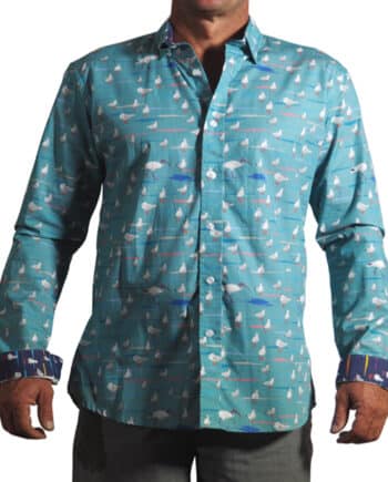 men's fitted 100% indian cotton long sleeved shirt printed with a design of seagulls and bin chickens on a aqua blue background with contrasting cuff and placket