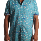men's fitted 100% cotton short sleeved shirt printed with a design of seagulls and bin chickens on an aqua blue background