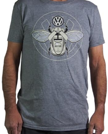 180-gram grey marle cotton t-shirt printed with a motif of a beetle car morphing into a scarab beetle clutching a VW logo in black and white ink.