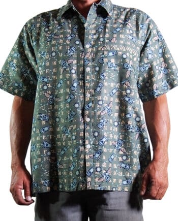 men's fashion short sleeved shirt casual box cut in 100% cotton printed with a design made from beetle cars morphing into scarab beetles on a pale green background.