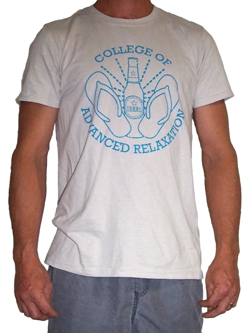 110 gram ice grey cotton t-shirt printed with a motif of a beer bottle and a pair of thongs with the words "College of advanced relaxation." in mid blue.