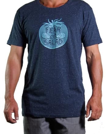 180-gram navy marle cotton t-shirt printed with a motif of a tomato and lettuce leaves with the words "Fear of salad" reversed out of a bold tonal ground in a pale blue.