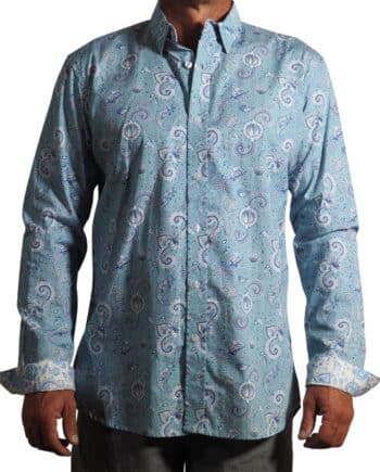 men's fitted 100% fine Indian cotton long sleeved shirt printed with a design of space station kombi vans and robots riding surfboards in blue line work on a very pale blue background with contrasting cuff and placket