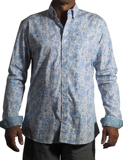 men's fitted 100% indian cotton long sleeved shirt printed with a design of space station kombi vans and robots riding surfboards i blue line work on a very pale grey background with contrasting cuff and placket