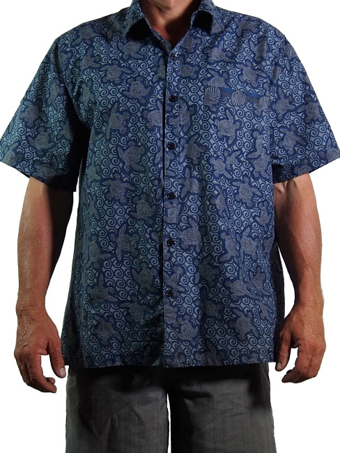 men's fashion short sleeved shirt casual box cut in 100% cotton printed with a design depicting grey turtles made out of sea shells on a navy blue background