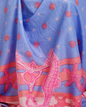 100% indian cotton voile sarong 2.1 meters long printed with seahorses and shells on a lavender background