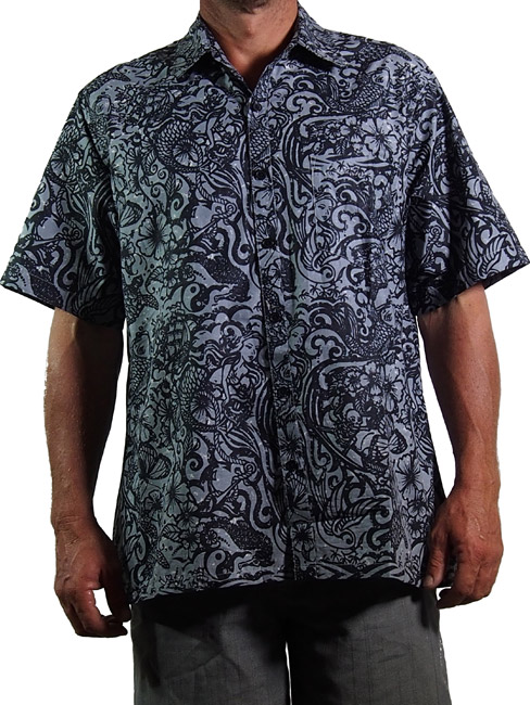 men's fashion short sleeved shirt casual box cut in 100% cotton printed with a design consisting of a story about a mermaid and a pirate that looks like an all over tattoo in black on a grey background