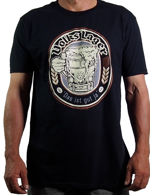 180-gram black cotton t-shirt printed with a beer label in cream and brown of a hand holding a stein with the image of the front of a Kombi van with froth spilling over. "Volkslager das ist gut ja" features around the beer bstein.