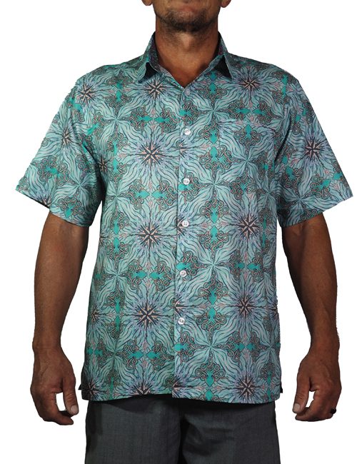men's 100% cotton fashion shirt printed with a pattern of octopus on a turquoise background.