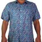 men's 100% Indian cotton short sleeved shirt printed with a pattern of multi coloured thongs on a navy-blue background.