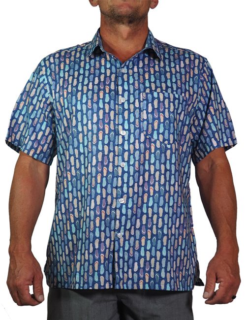 men's 100% Indian cotton short sleeved shirt printed with a pattern of multi coloured thongs on a navy-blue background.