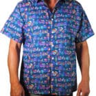 mens cotton short sleeved fashion shirt printed with hand draw images of different motorbikes in bright colours on a blueish grey background