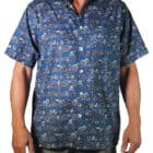 mens shirt 100% cotton showing a hand drawn print of motorbikes in mellow tones on a blueish grey background