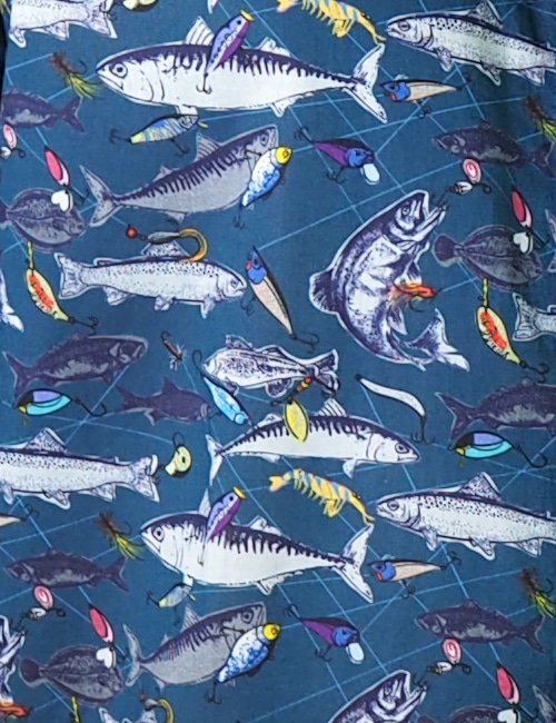 One of my latest original hand drawn designs is the fishing print which shows rare fishing lures, the fish you can catch with them and fishing line to link all the elements together. The 100% Indian cotton chambre is only 55 grams per meter which is very light and perfect for summer and the beach.