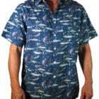 Men's cotton short sleeved fashion shirt with a design of fish, lures and fishing line in assorted colours on a steel blue background.