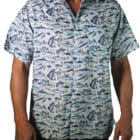 Mens cotton short sleeved fashion shirt with a design of fish, lures and fishing line in assorted colours on a sky blue basckground