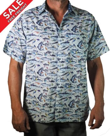 Mens Beach Shirt fishing design light blue background